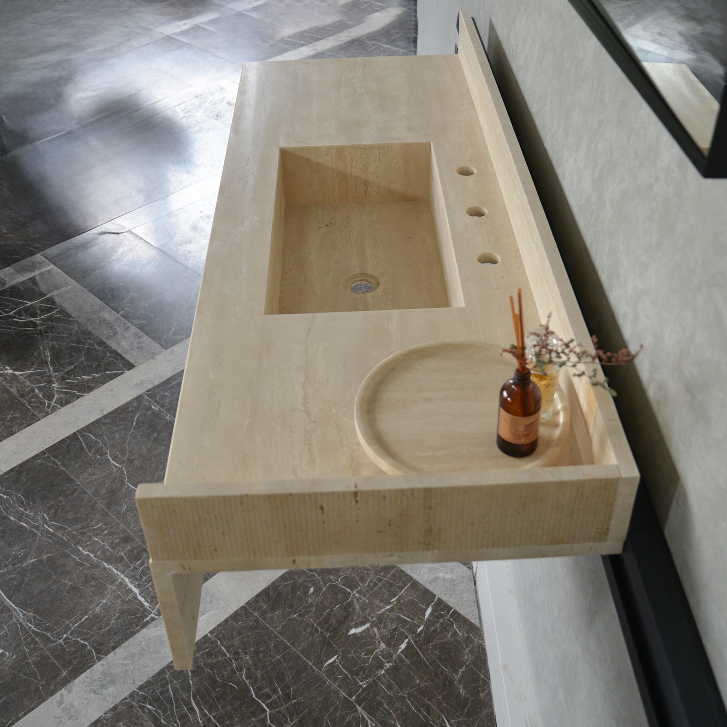 Travertine Bathroom Sink Handcrafted Custom Vein Cut Beige Artisan