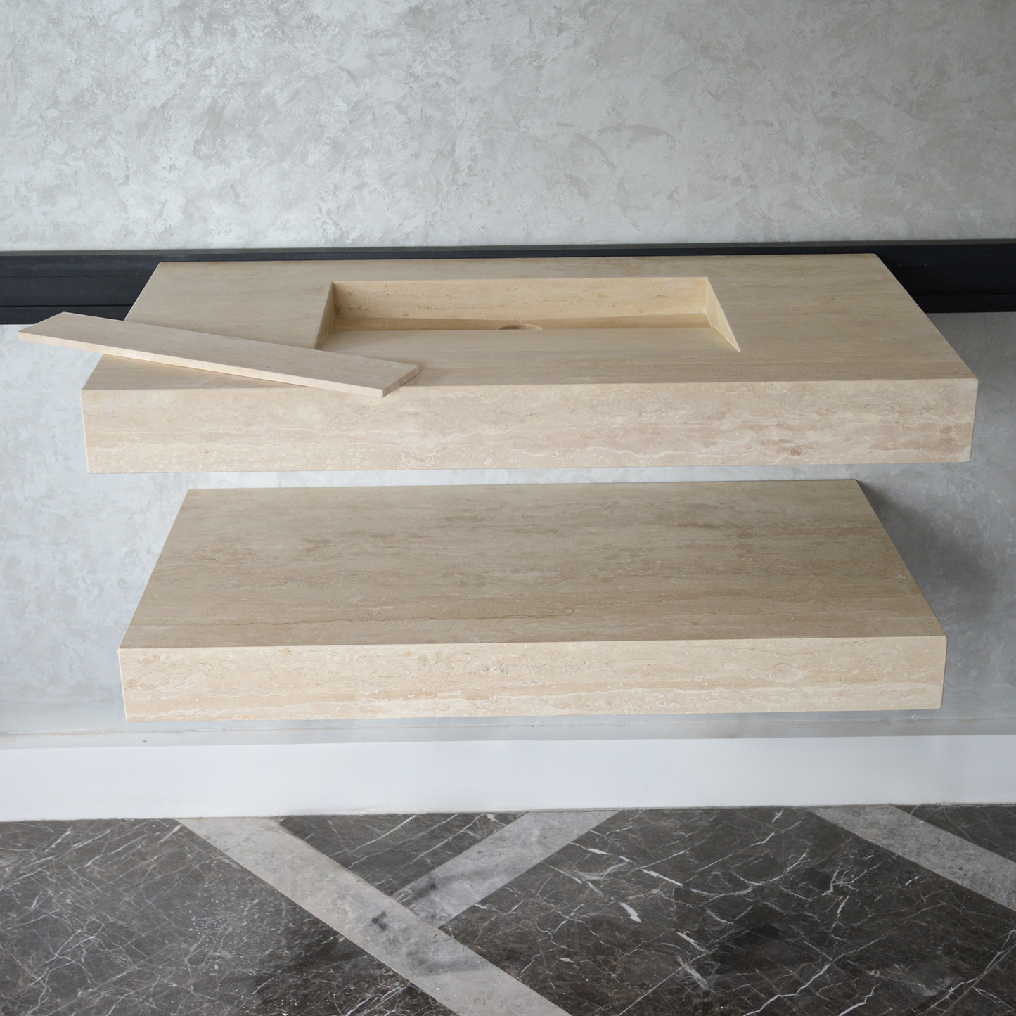 Travertine Natural Stone Handcrafted Bathroom Sink and Matching Floating Shelf Set