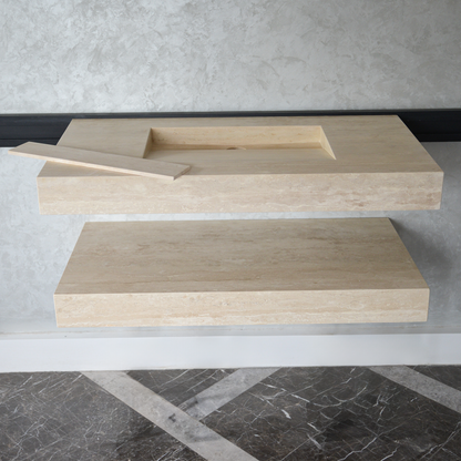 Travertine Natural Stone Handcrafted Bathroom Sink and Matching Floating Shelf Set