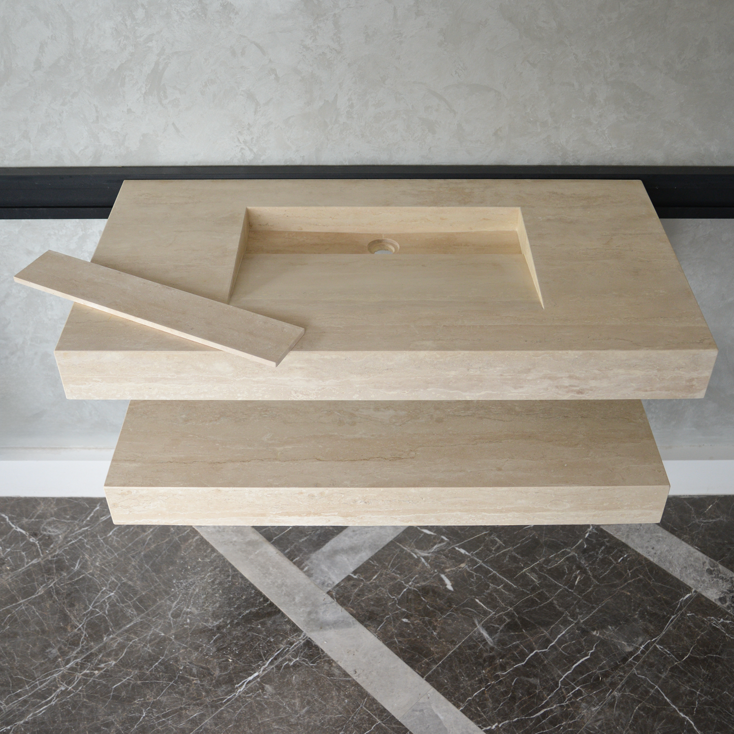 Travertine Natural Stone Handcrafted Bathroom Sink and Matching Floating Shelf Set