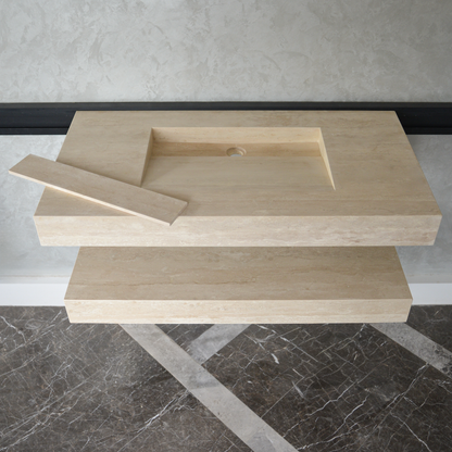 Travertine Natural Stone Handcrafted Bathroom Sink and Matching Floating Shelf Set
