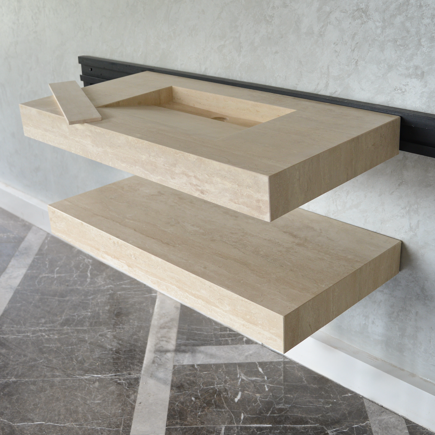 Travertine Natural Stone Handcrafted Bathroom Sink and Matching Floating Shelf Set