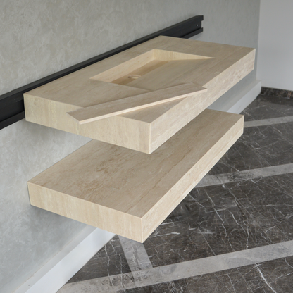 Travertine Natural Stone Handcrafted Bathroom Sink and Matching Floating Shelf Set