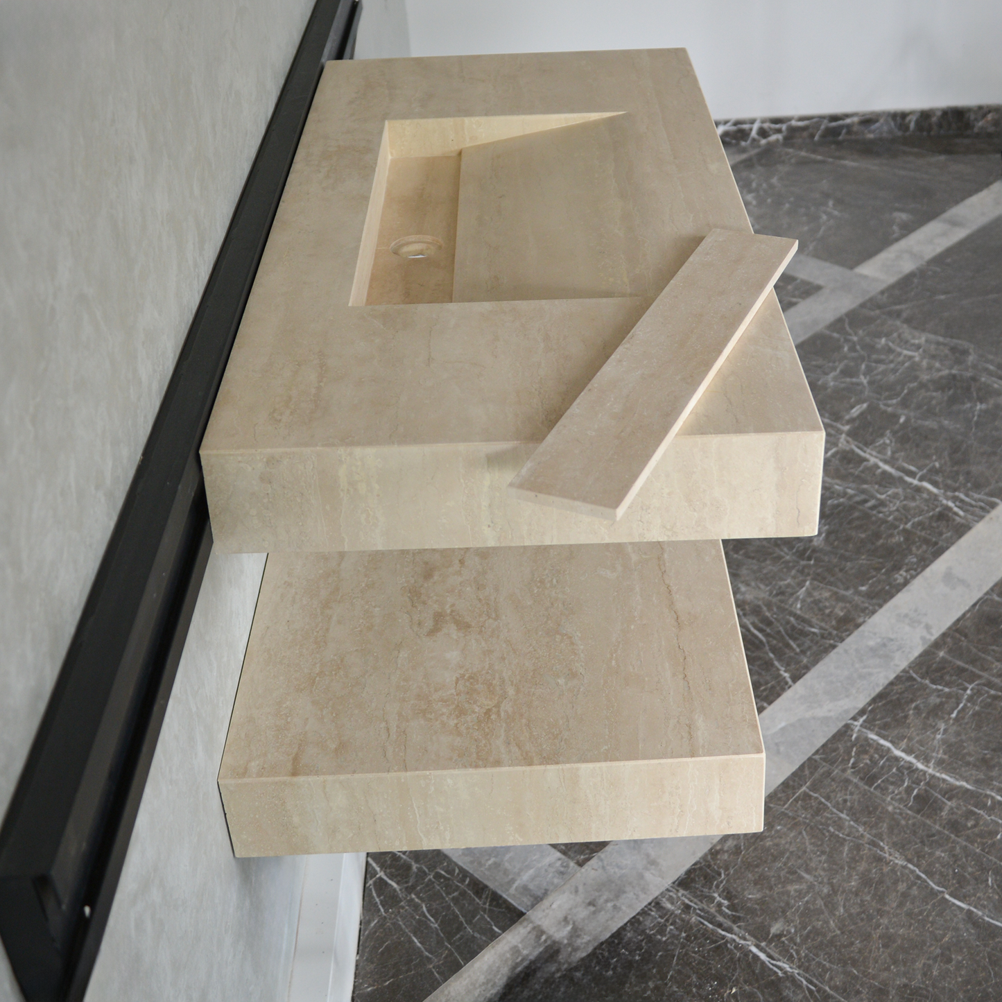 Travertine Natural Stone Handcrafted Bathroom Sink and Matching Floating Shelf Set