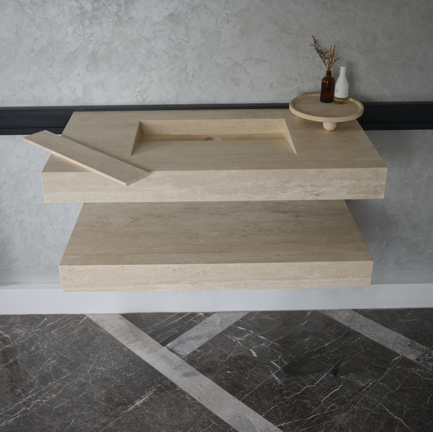 Travertine Natural Stone Handcrafted Bathroom Sink and Matching Floating Shelf Set