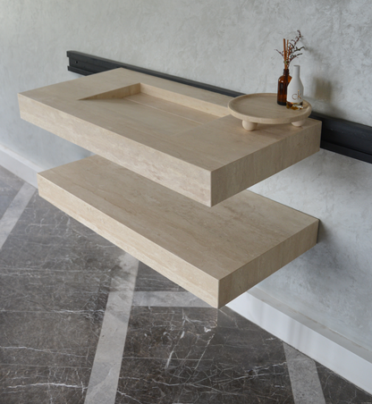 Travertine Natural Stone Handcrafted Bathroom Sink and Matching Floating Shelf Set