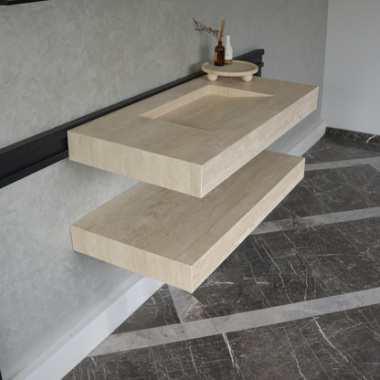 Travertine Natural Stone Handcrafted Bathroom Sink and Matching Floating Shelf Set