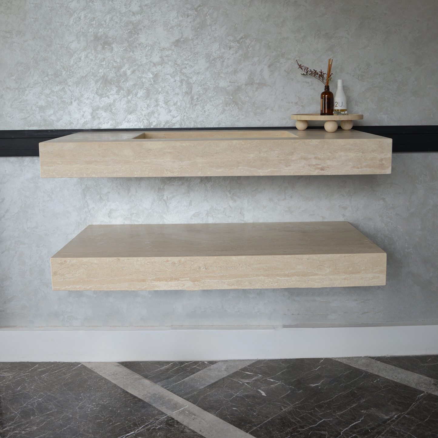Travertine Natural Stone Handcrafted Bathroom Sink and Matching Floating Shelf Set