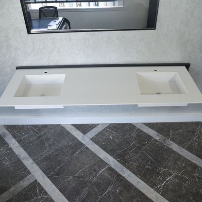 White Quartz Double Sink - Handcrafted Engineered Custom Design