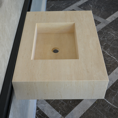 Travertine Bathroom Sink Handcrafted Warm Beige Vein Pattern