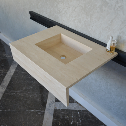 Travertine Bathroom Sink Handcrafted Warm Beige Vein Pattern