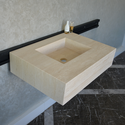 Travertine Bathroom Sink Handcrafted Warm Beige Vein Pattern