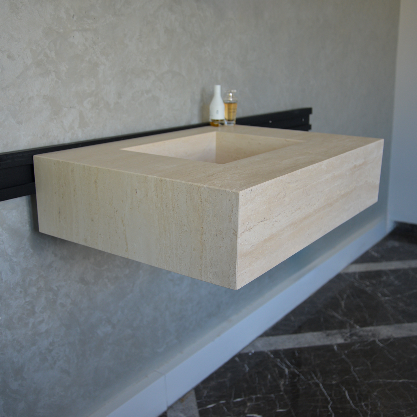 Travertine Bathroom Sink Handcrafted Warm Beige Vein Pattern