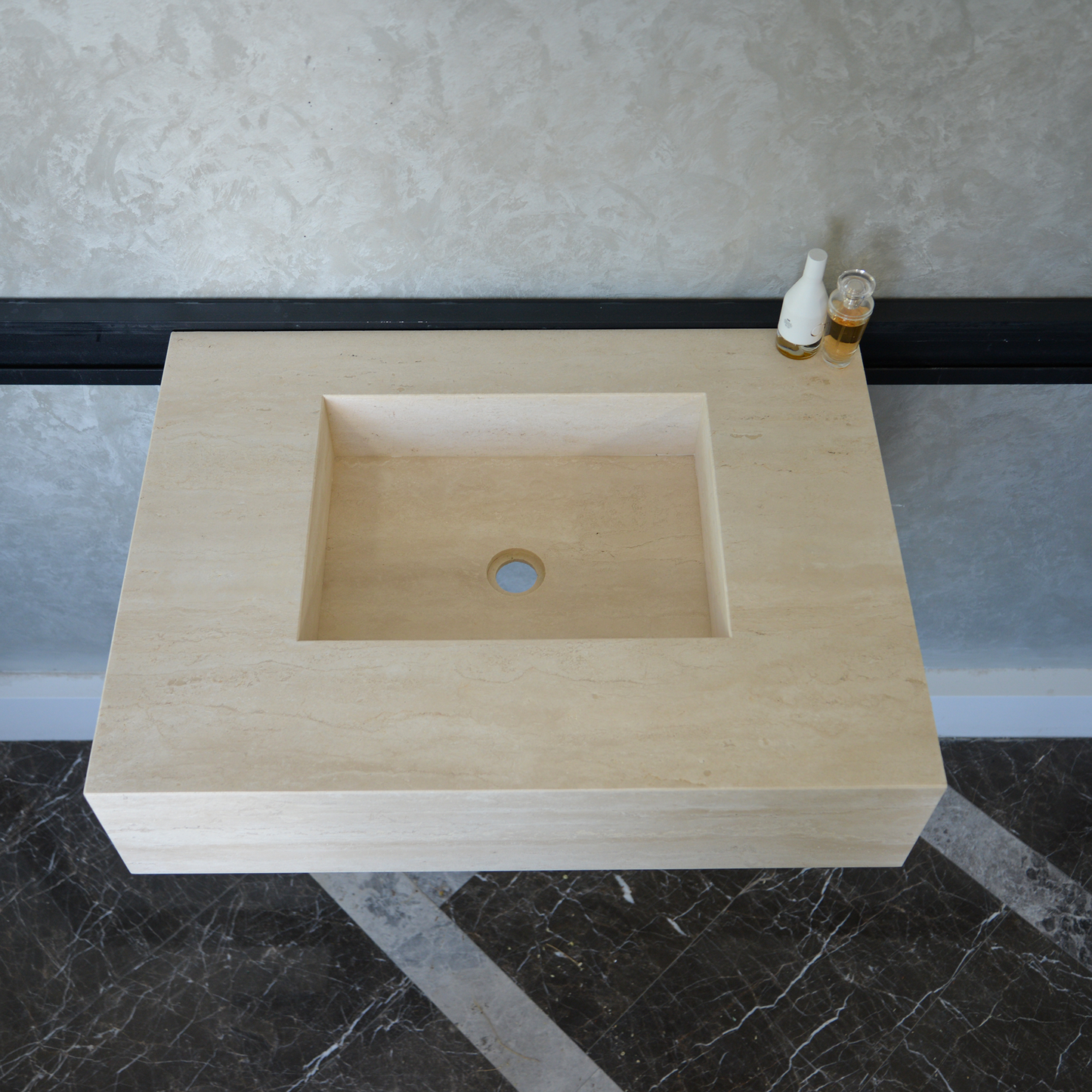 Travertine Bathroom Sink Handcrafted Warm Beige Vein Pattern