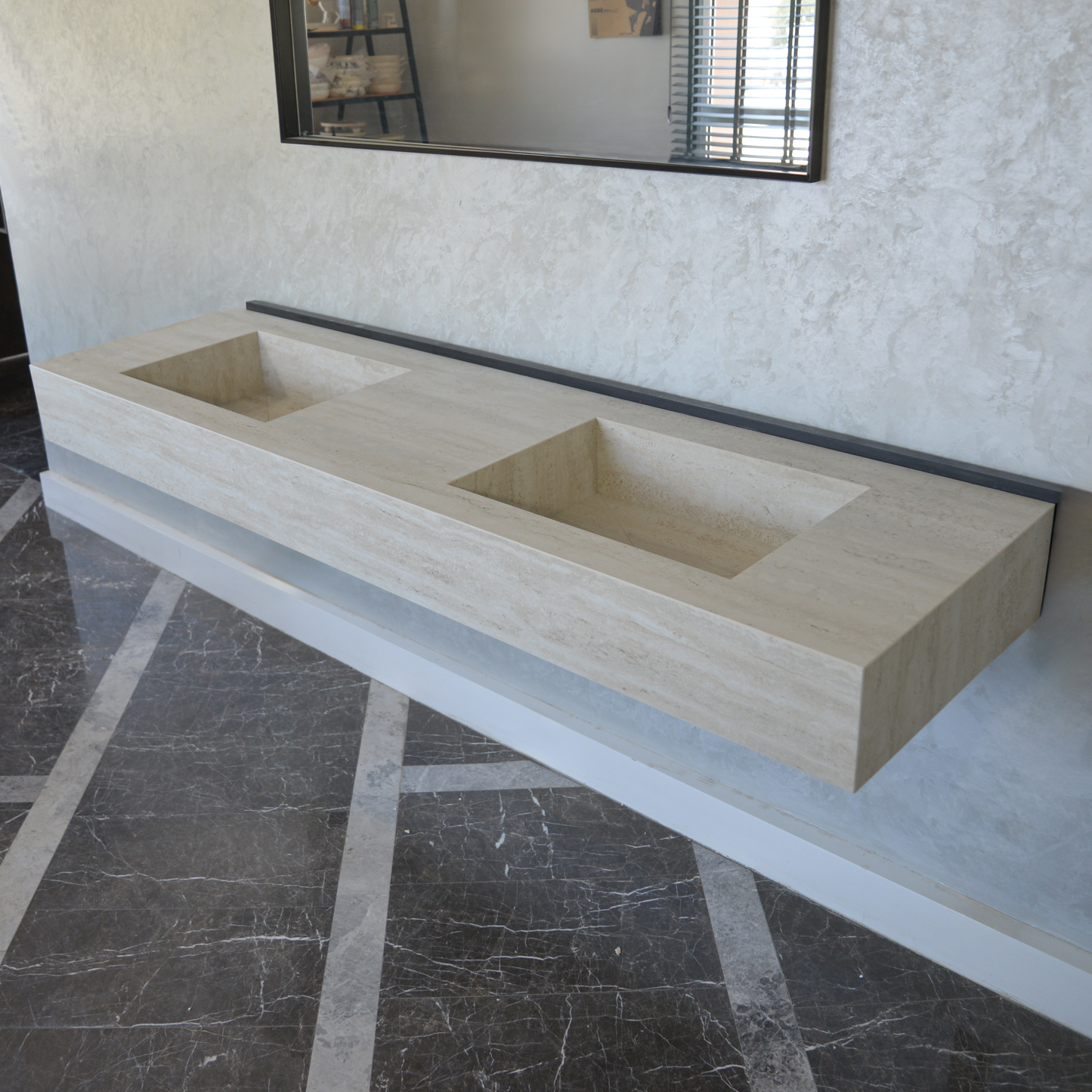 Engineered Porcelain Double Sink - Travertino Chiaro Handcrafted