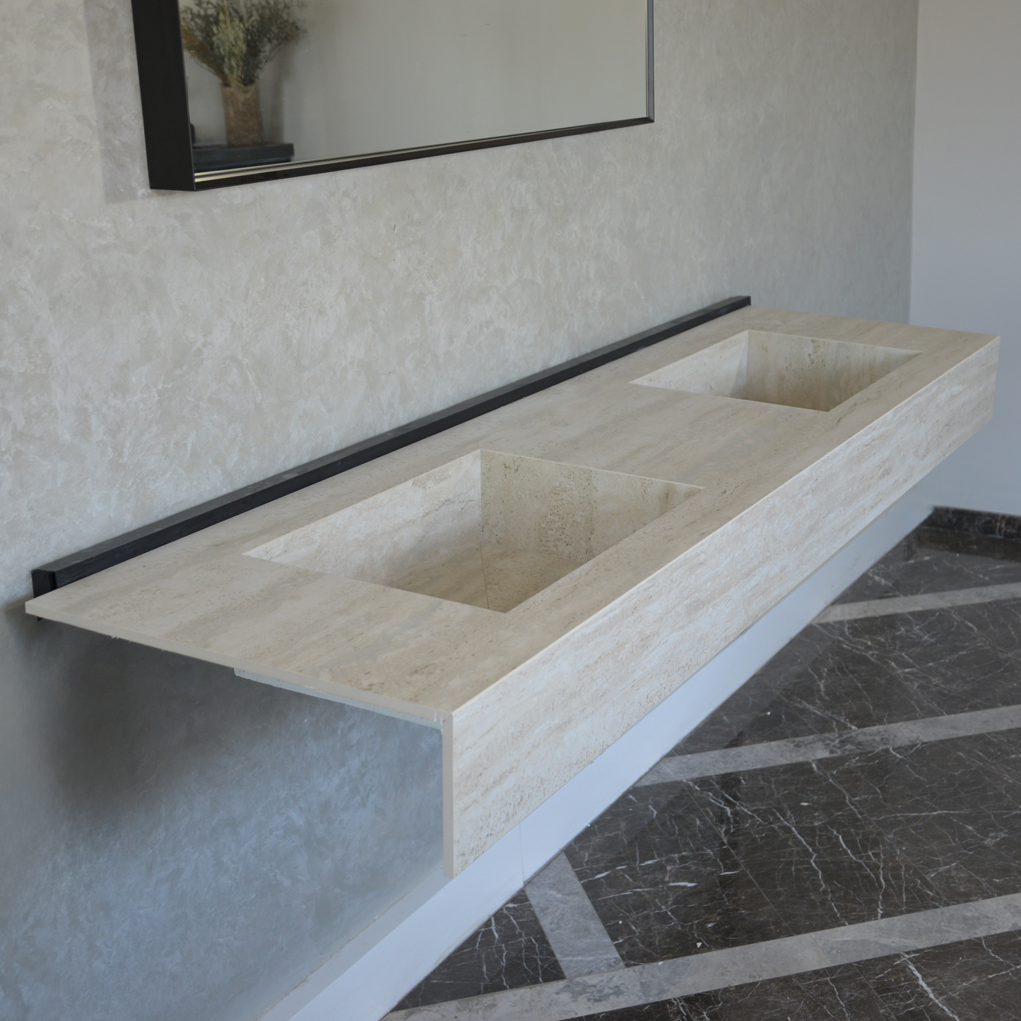 Engineered Porcelain Double Sink - Travertino Chiaro Handcrafted