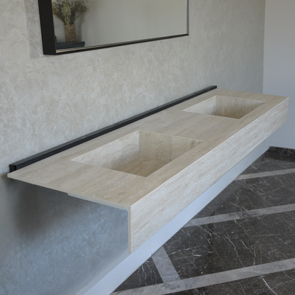 Engineered Porcelain Double Sink - Travertino Chiaro Handcrafted