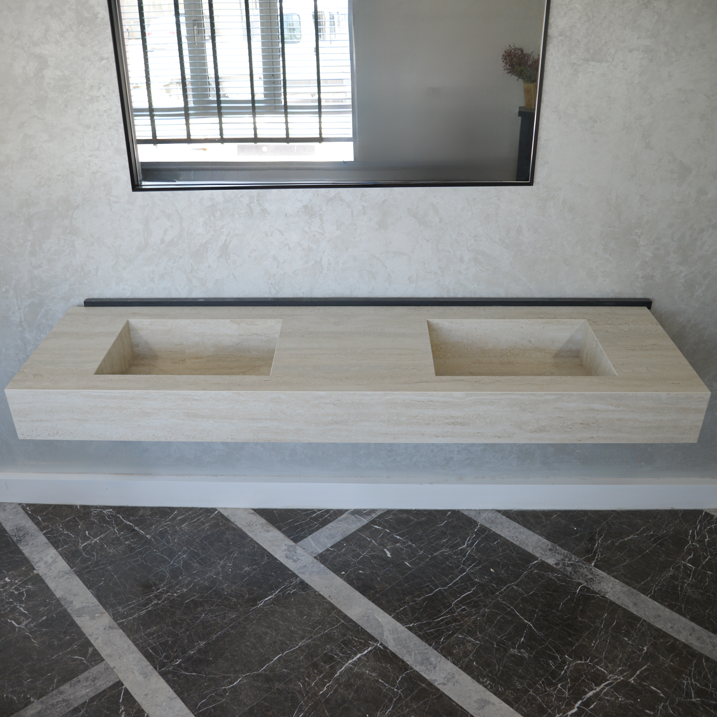 Engineered Porcelain Double Sink - Travertino Chiaro Handcrafted