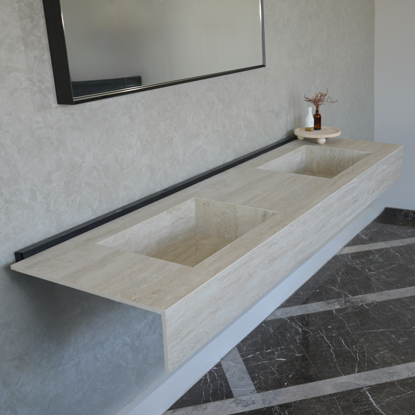 Engineered Porcelain Double Sink - Travertino Chiaro Handcrafted