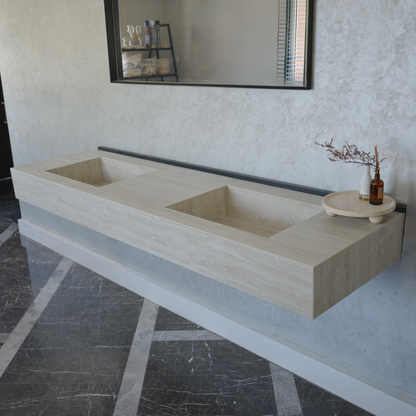 Engineered Porcelain Double Sink - Travertino Chiaro Handcrafted