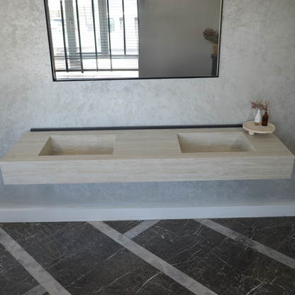 Engineered Porcelain Double Sink - Travertino Chiaro Handcrafted