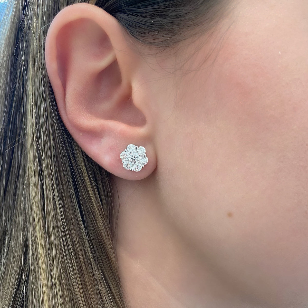 AGI Certified 2.00ctw Lab Diamond Floral Cluster Stud Earrings in 14kt White Gold