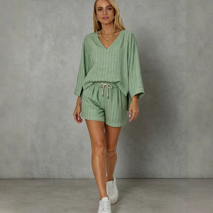 Women's Loose V-Neck Long Sleeve Striped Shorts Set – Casual Leisure