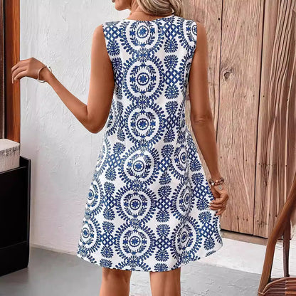 Floral Print U-Neck Sleeveless Midi Dress – Ring Detail Summer Style