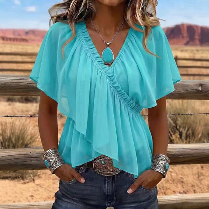 Women's Cross V-Neck Pleated Ruffle Flare Sleeve Chiffon Blouse