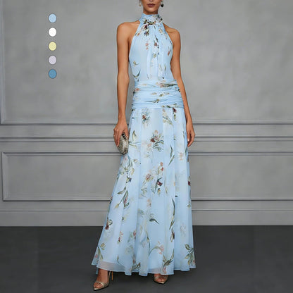 Halter Neck Printed Maxi Dress – Fitted Sleeveless Long Dress