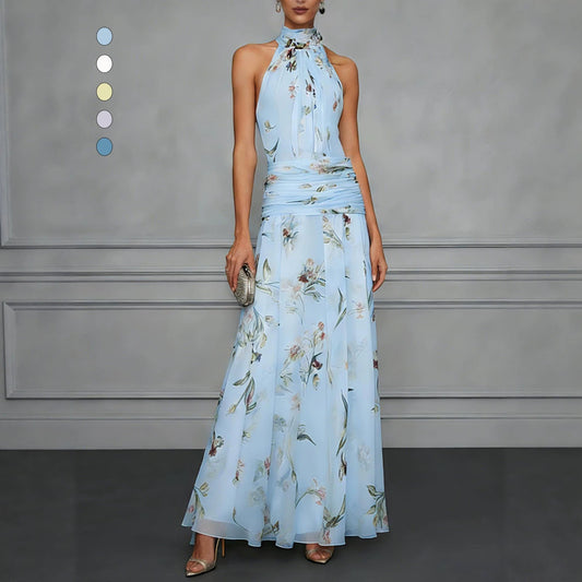 Halter Neck Printed Maxi Dress – Fitted Sleeveless Long Dress
