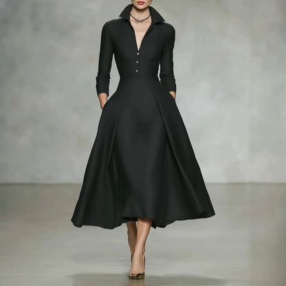 V-Neck Waist-Cinching Long Sleeve Midi Dress