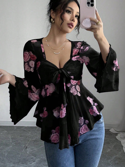Floral Ombré Tie-Back Square Neck Long Sleeve Blouse – Sweet Style