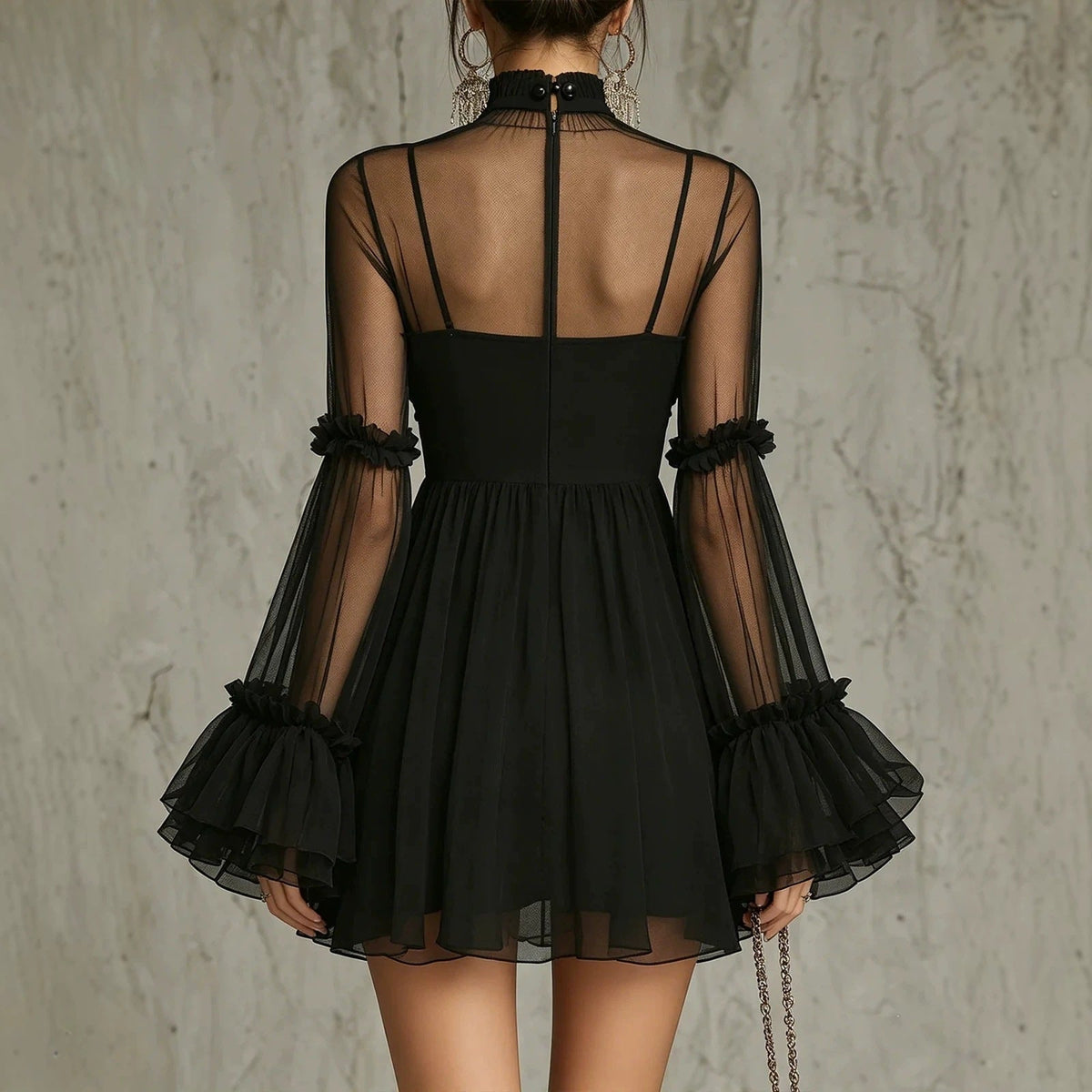 Women's Floral Embroidered Sheer Lace Dress — High Neck Flared Sleeve
