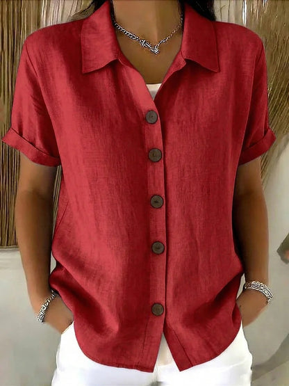Shirt Collar Short Sleeve Button Top – Loose Fit Cotton-Linen Casual