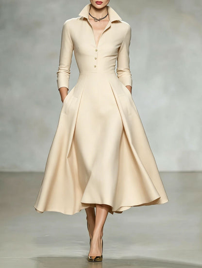 V-Neck Waist-Cinching Long Sleeve Midi Dress