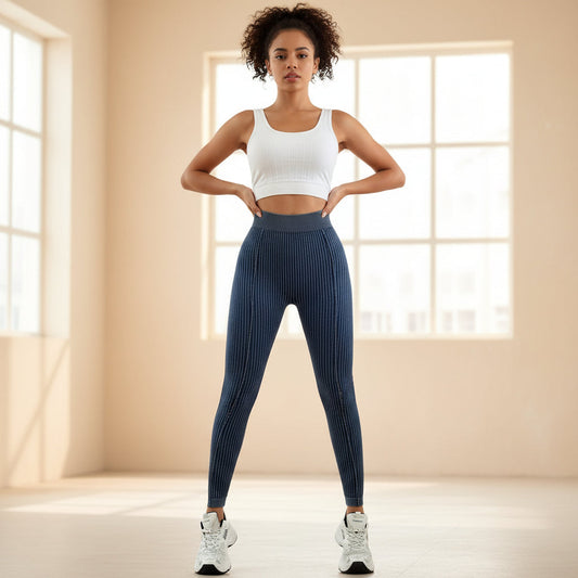 Ribbed High-Waist Back V Yoga Pants – Sand Wash Butt-Lifting Tights