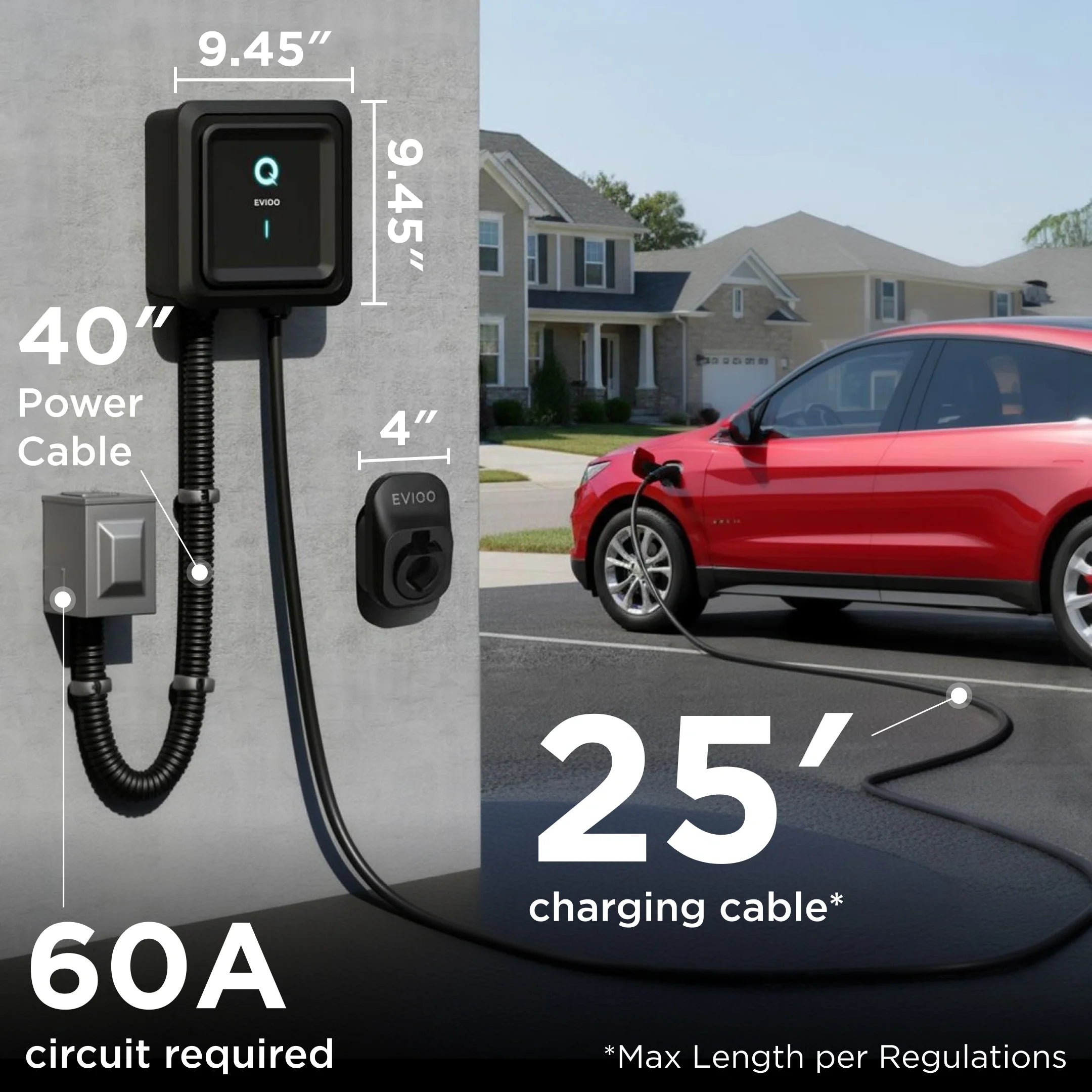 EVIQO Level 2 EV Charger, 48A (50A Max), 240V, Hardwired, J1772 for Non-Tesla EVs