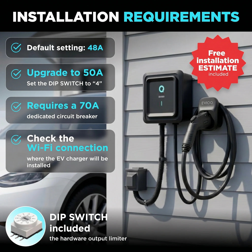 EVIQO Level 2 EV Charger, 48A (50A Max), 240V, Hardwired, J1772 for Non-Tesla EVs