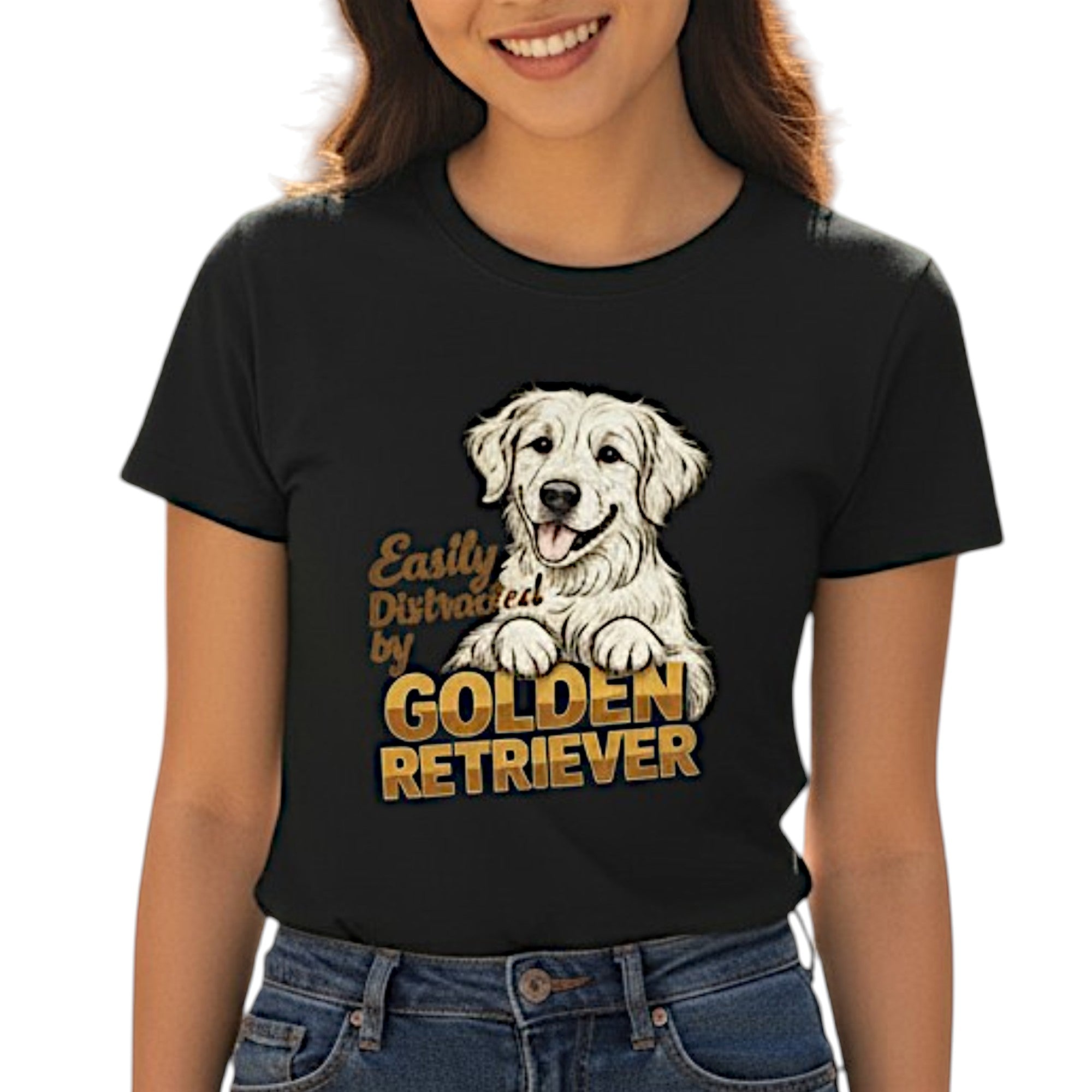 Easily Distracted By Golden Retriever Women Graphic T-Shirt Cotton Pet Lover Casual Top