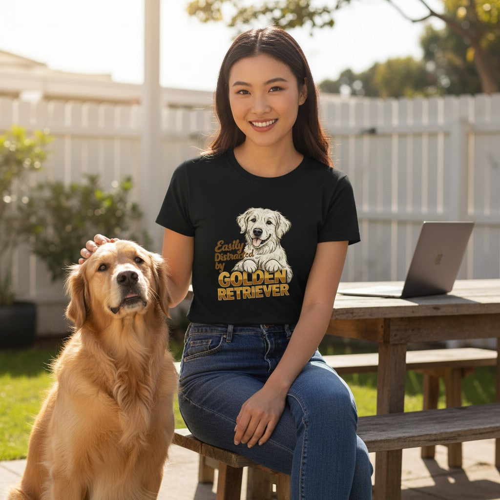 Easily Distracted By Golden Retriever Women Graphic T-Shirt Cotton Pet Lover Casual Top