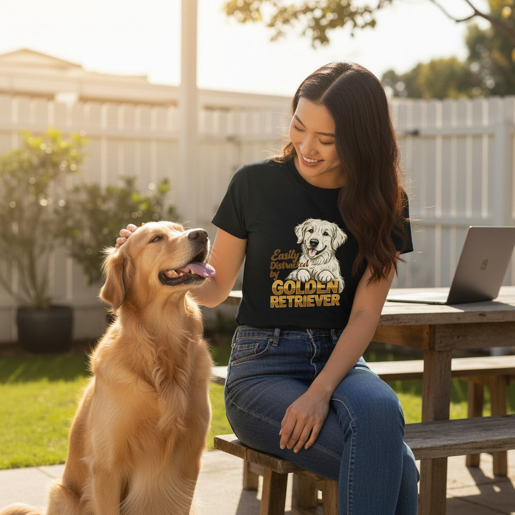 Easily Distracted By Golden Retriever Women Graphic T-Shirt Cotton Pet Lover Casual Top