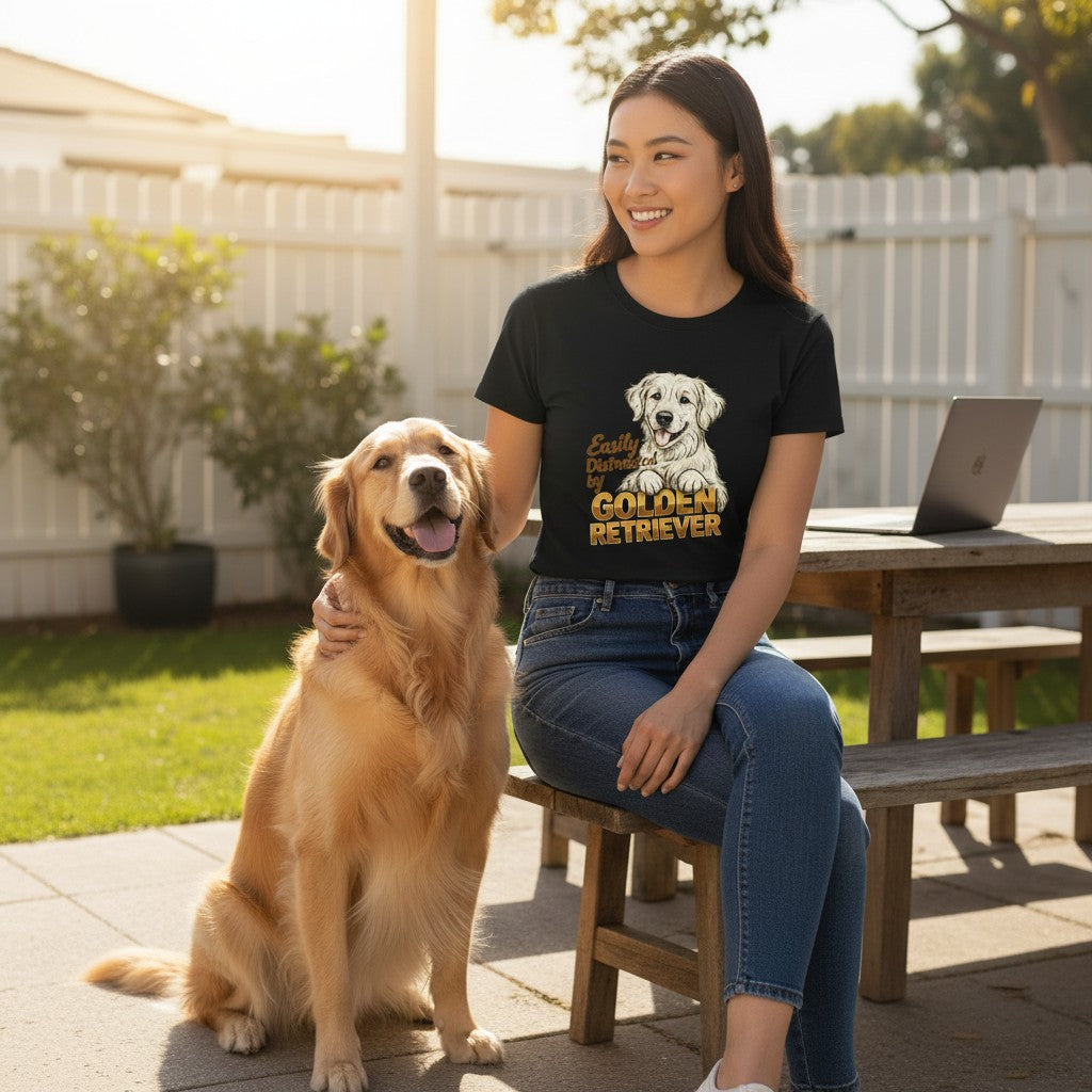 Easily Distracted By Golden Retriever Women Graphic T-Shirt Cotton Pet Lover Casual Top
