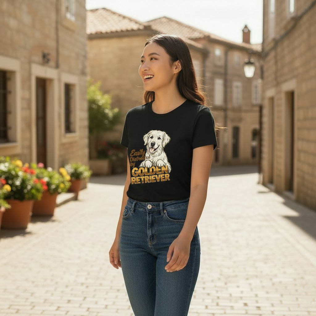 Easily Distracted By Golden Retriever Women Graphic T-Shirt Cotton Pet Lover Casual Top
