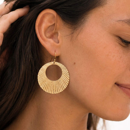 Engraved Circle Disc Brass Hoop Earrings | Mali