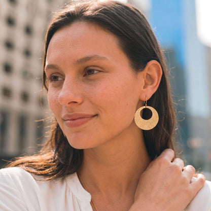 Engraved Circle Disc Brass Hoop Earrings | Mali