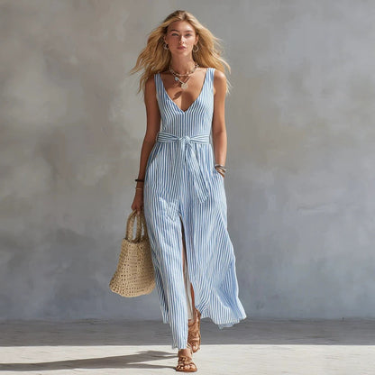 Women's Blue & White Striped Maxi Dress | V-Neck Waist-Tie Side Split Beach Dress