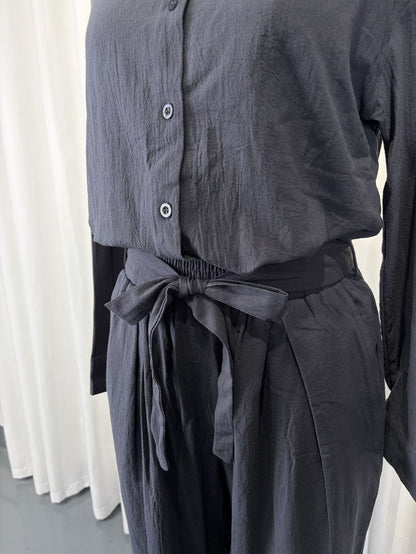 Linen-Look Shirt & Wide-Leg Trouser Set | Drawstring Waist 2-Piece | Gray