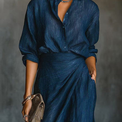 Women's Two-Piece Pleated Shirt & Draped Wrap Maxi Skirt Set – Long Sleeve Button Top
