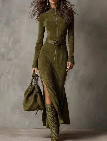 Women's Suede Velvet Zip-Front Fishtail Maxi Dress – Long Sleeve High Waist Mermaid Hem